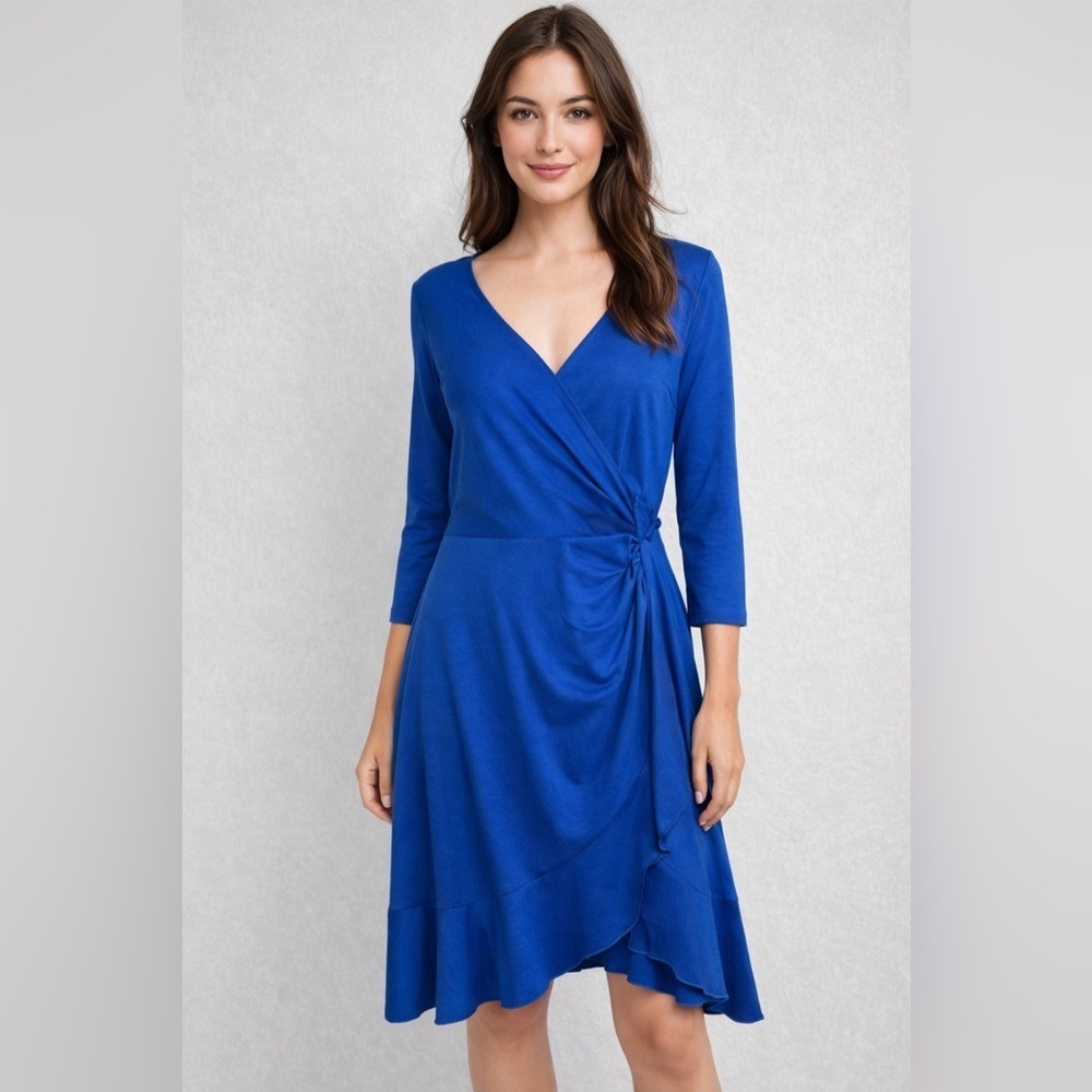 NWT Whimsy Wrap Dress Cobalt Blue Ruffle Hem Flowy 3/4 Sleeves Size Small
